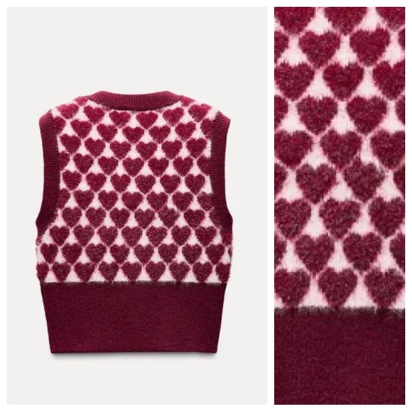 NWT. Zara Red/Pink Hearts Jacquard Knit Vest Sleeveless Top. Size L. - Picture 8 of 12